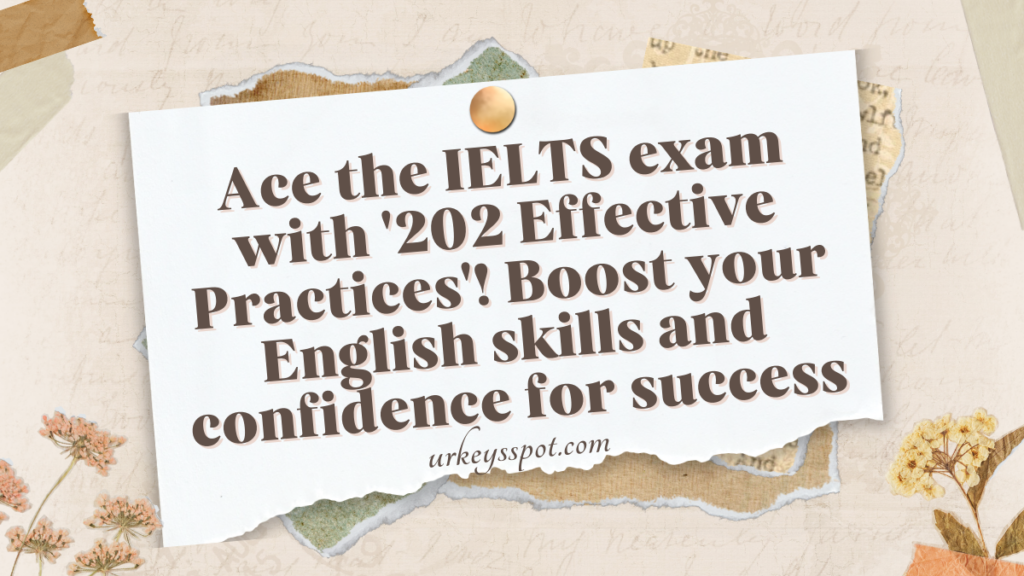 Cover of the book '202 Useful Exercises for IELTS' with a background of English language symbols.