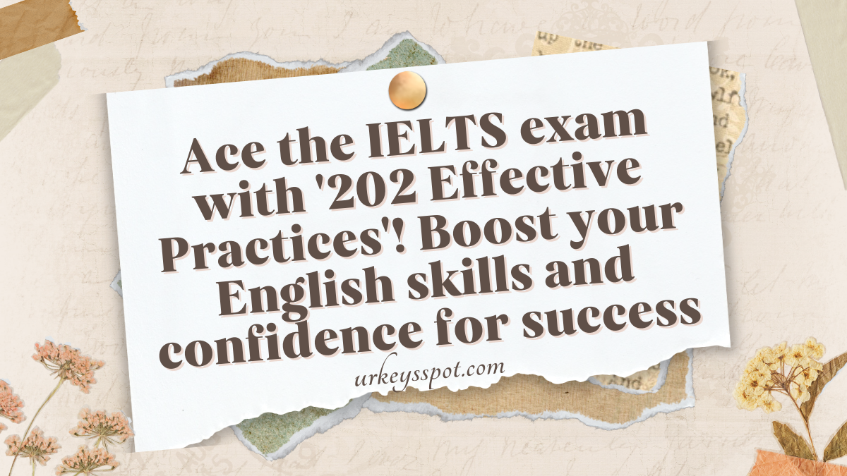 Cover of the book '202 Useful Exercises for IELTS' with a background of English language symbols.